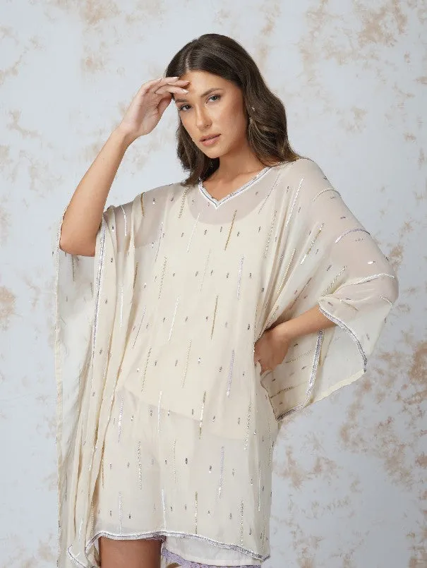 Deep Ivory Georgette Seqioned Kaftan & Shorts Set (Set of 3)