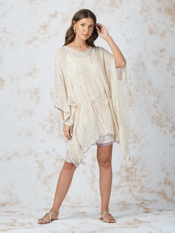 Deep Ivory Georgette Seqioned Kaftan & Shorts Set (Set of 3)