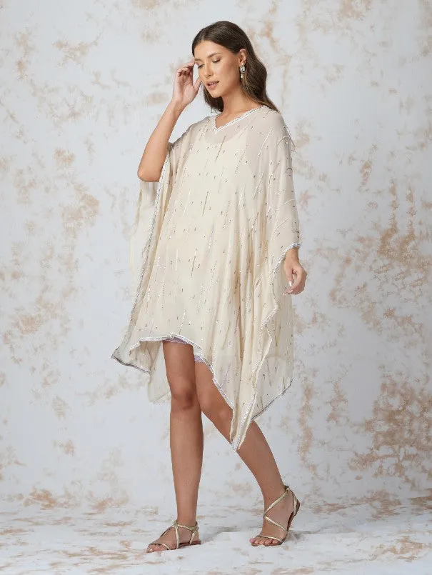 Deep Ivory Georgette Seqioned Kaftan & Shorts Set (Set of 3)