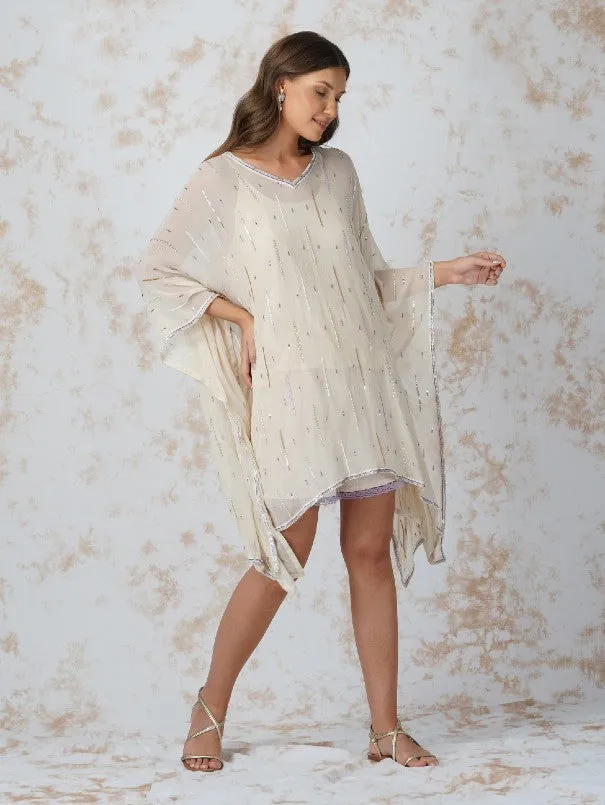 Deep Ivory Georgette Seqioned Kaftan & Shorts Set (Set of 3)
