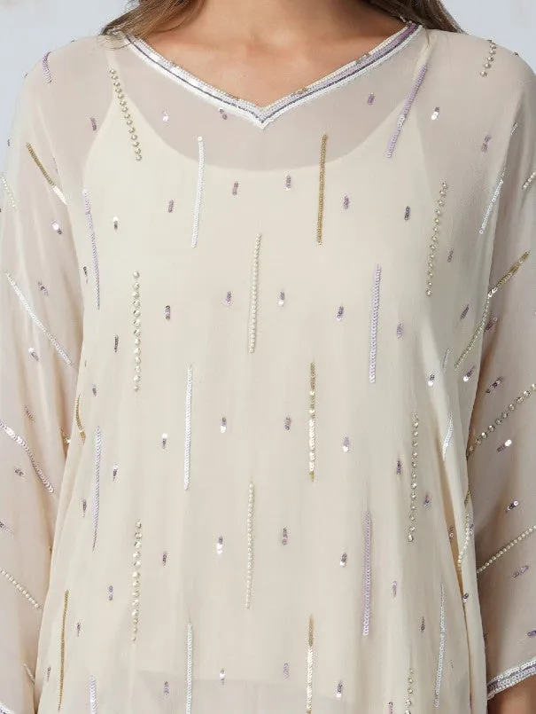 Deep Ivory Georgette Seqioned Kaftan & Shorts Set (Set of 3)