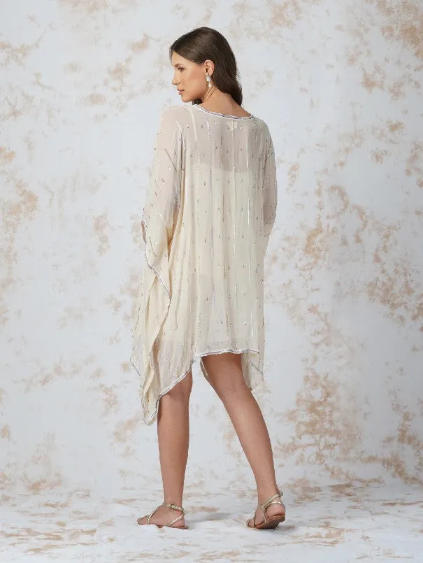 Deep Ivory Georgette Seqioned Kaftan & Shorts Set (Set of 3)