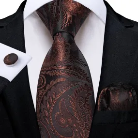 DiBanGu Dress Tie Chocolate Brown Paisley Men's Silk Tie Hanky Cufflinks Set