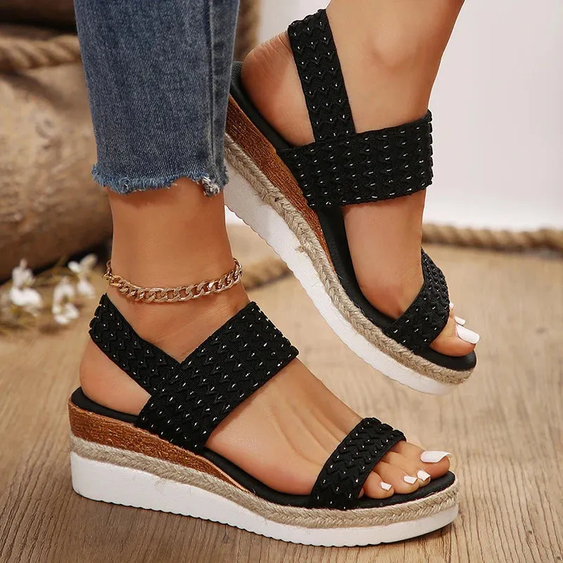 Hnzxzm Ladies Wedge Sandals 2024 Summer Fashion Sequined Cloth Platform Sandals Woman Comfortable Light Non-Slip Casual Beach Sandalias