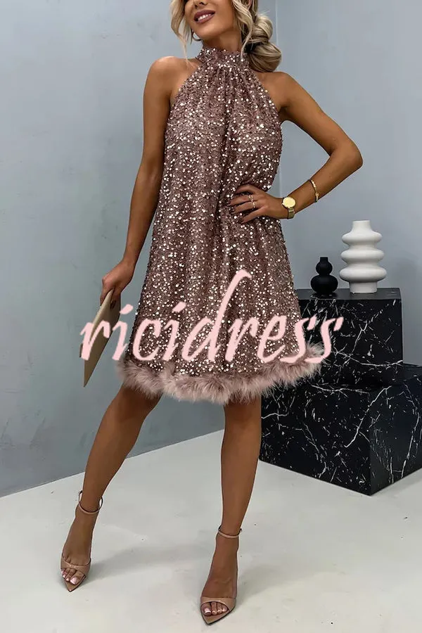 It's Time To Dance Sequin Feather Trim Halter Babydoll Mini Dress