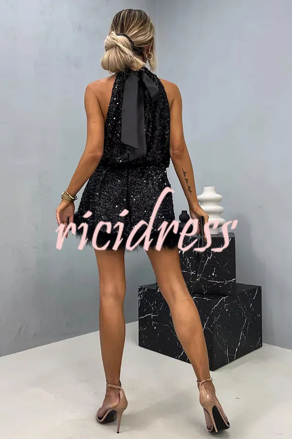 It's Time To Dance Sequin Feather Trim Halter Babydoll Mini Dress