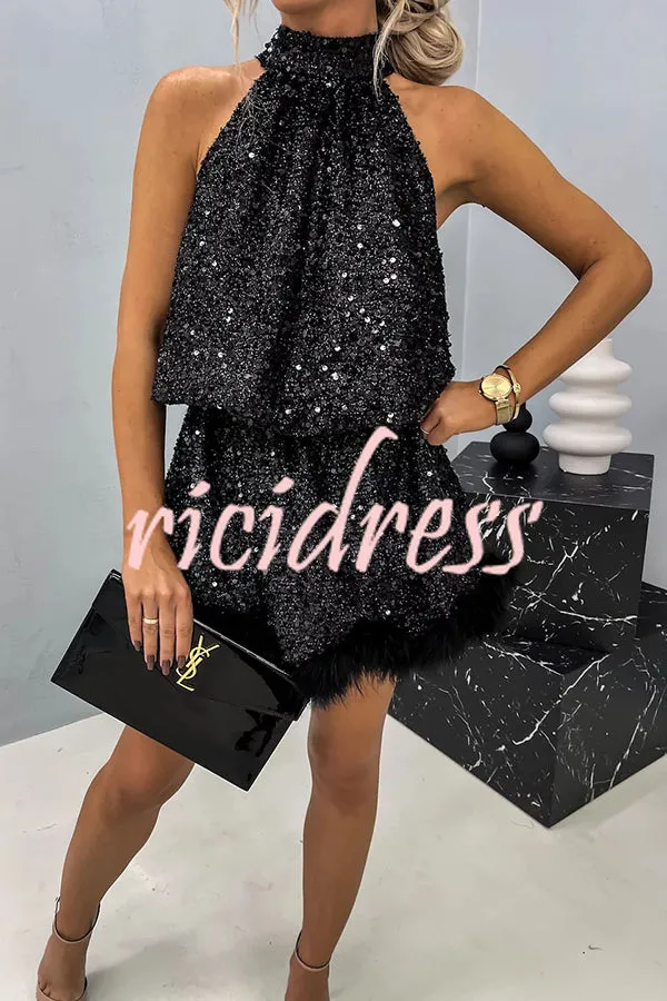 It's Time To Dance Sequin Feather Trim Halter Babydoll Mini Dress