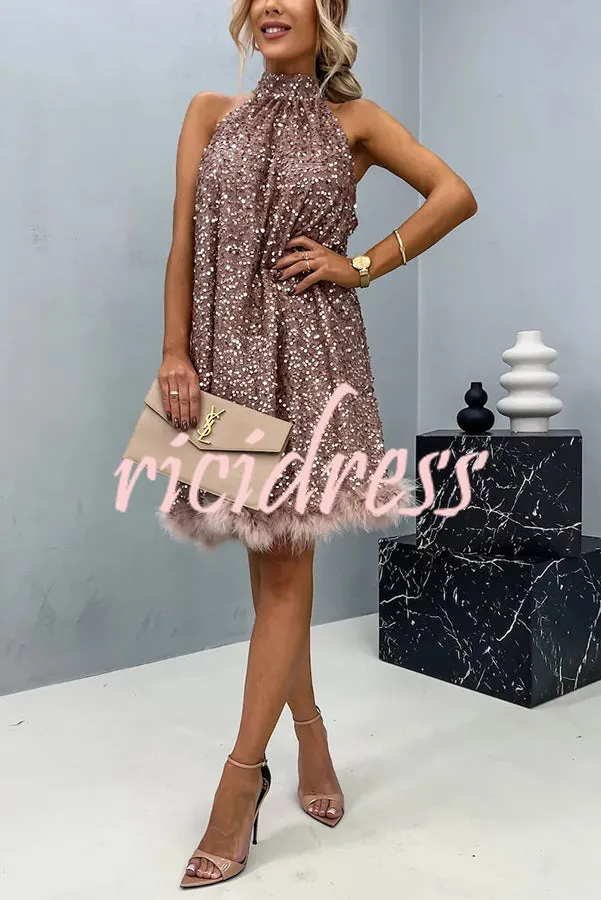 It's Time To Dance Sequin Feather Trim Halter Babydoll Mini Dress