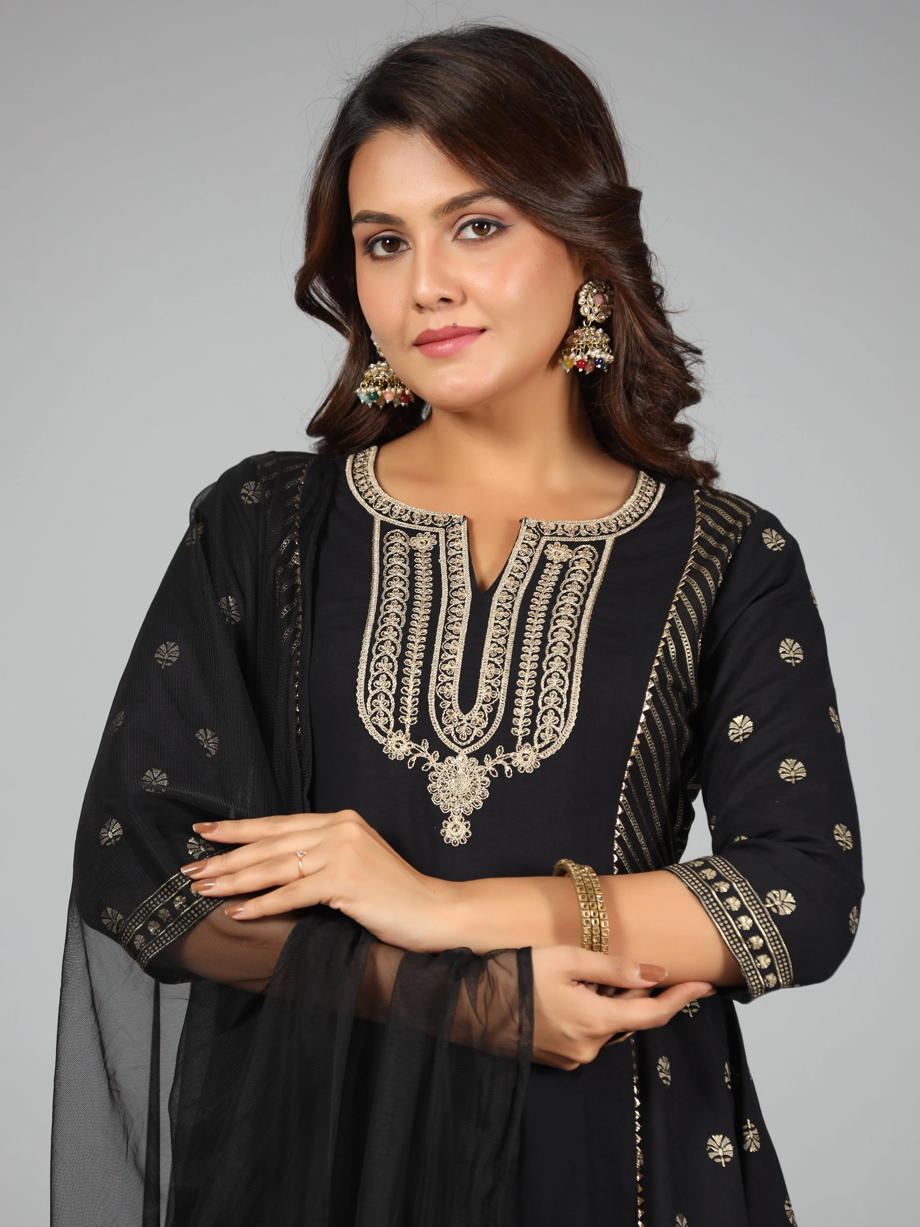 Jashvi Women Black Rayon Printed Kurta, Sharara & Dupatta Set