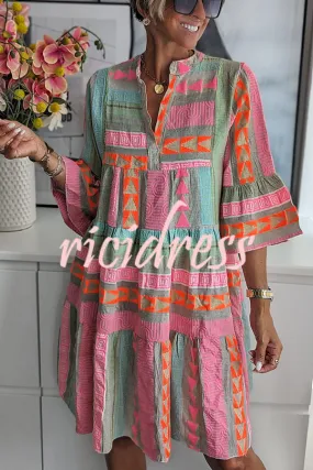Just My Type Linen Blend Colorful Ethnic Print Bell Sleeve Babydoll Mini Dress