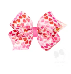 Medium White Sequined Hair Bow with Red and Pink Heart Print