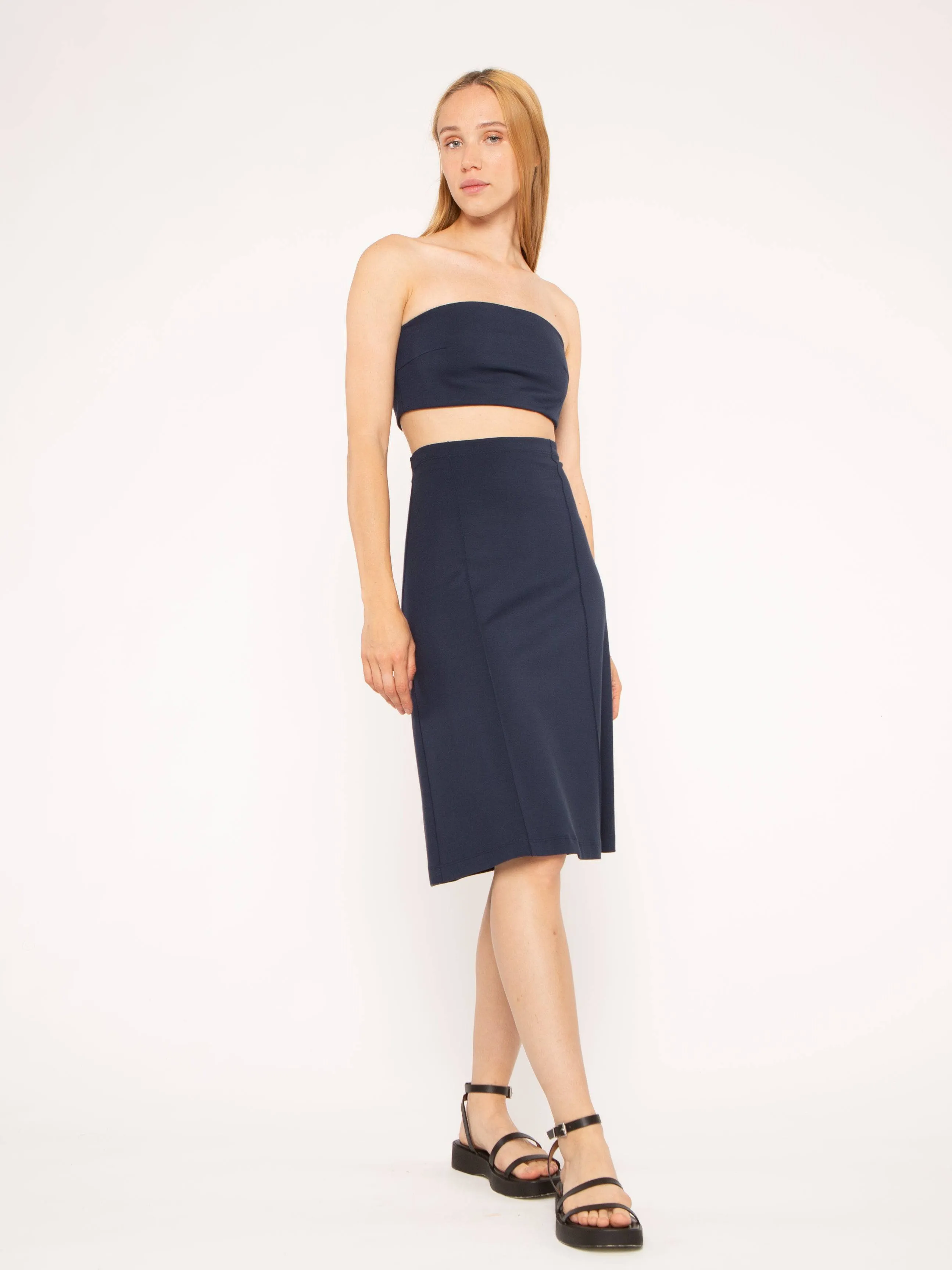 Navy Ponte Knit A-Line Midi Skirt
