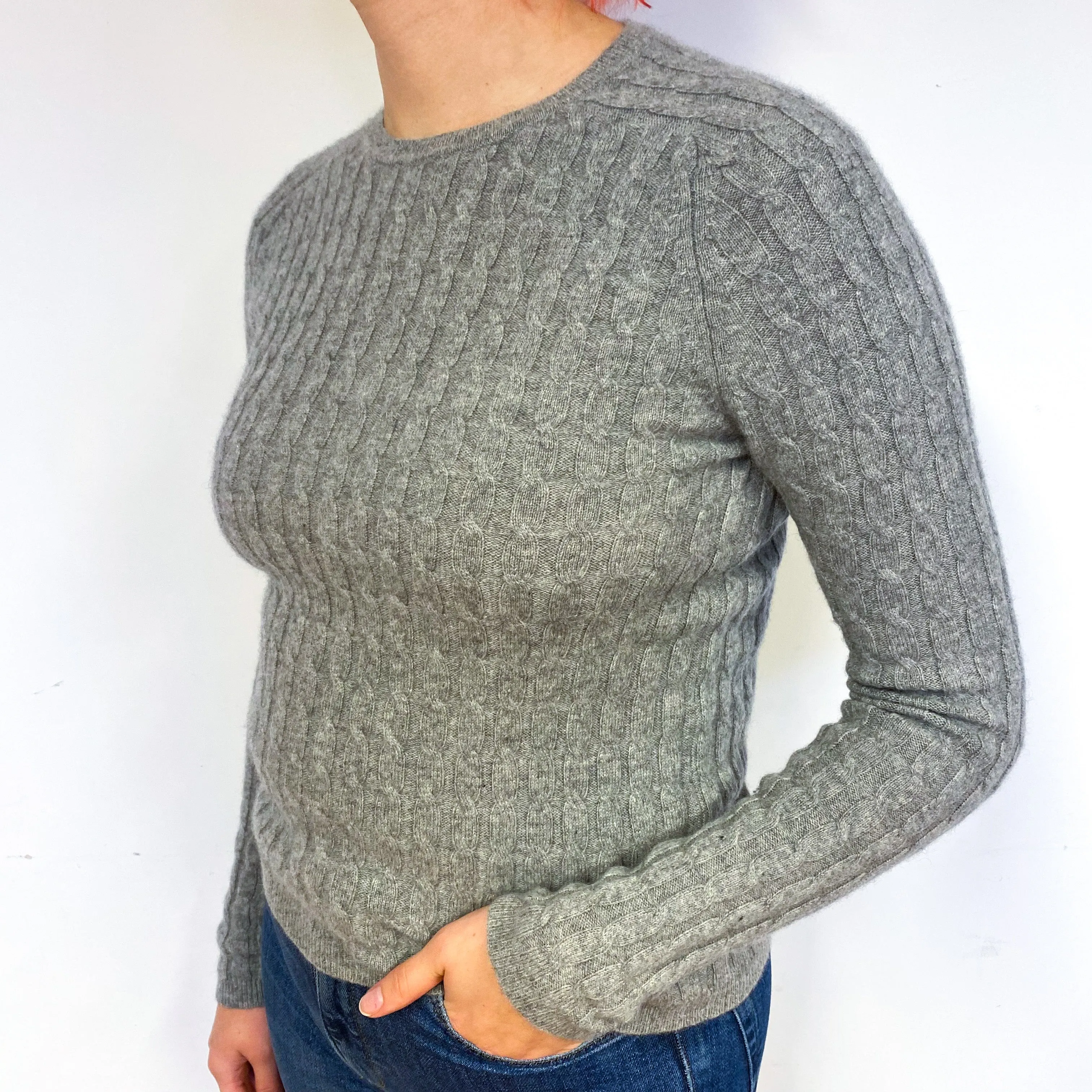 Steel Grey Cable Cashmere Crew Neck Jumper Small