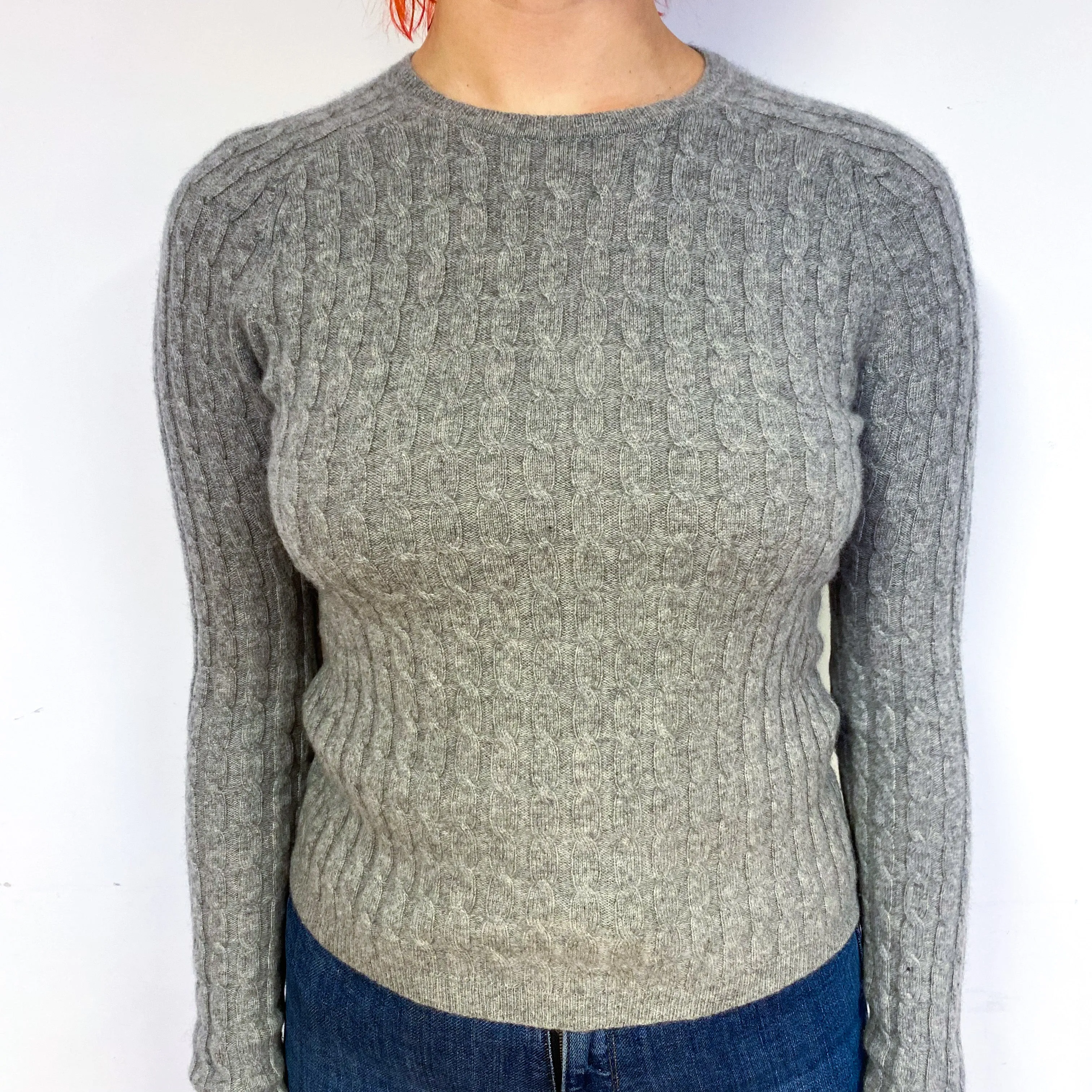 Steel Grey Cable Cashmere Crew Neck Jumper Small