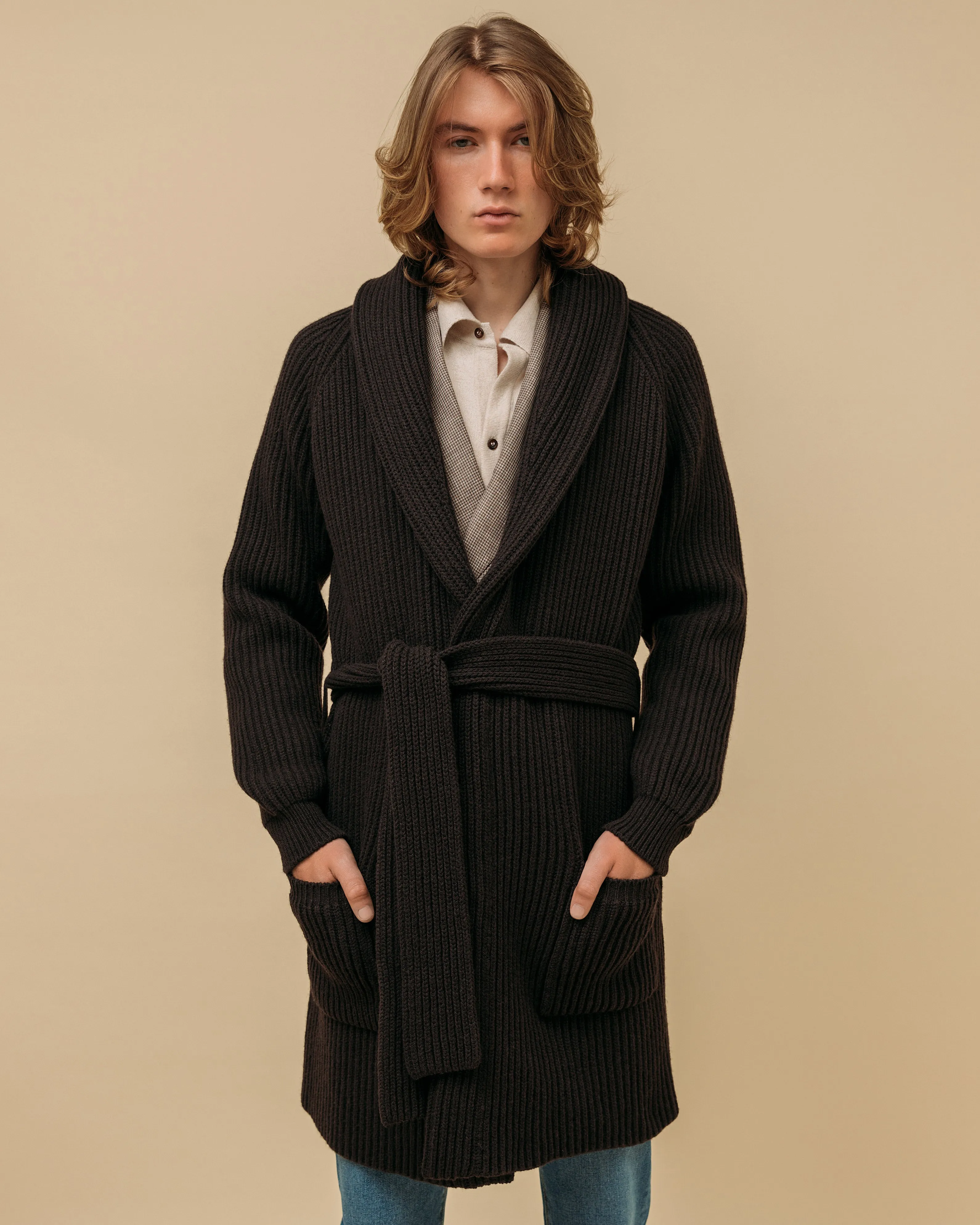 Superfine lambswool shawl coat in dark brown