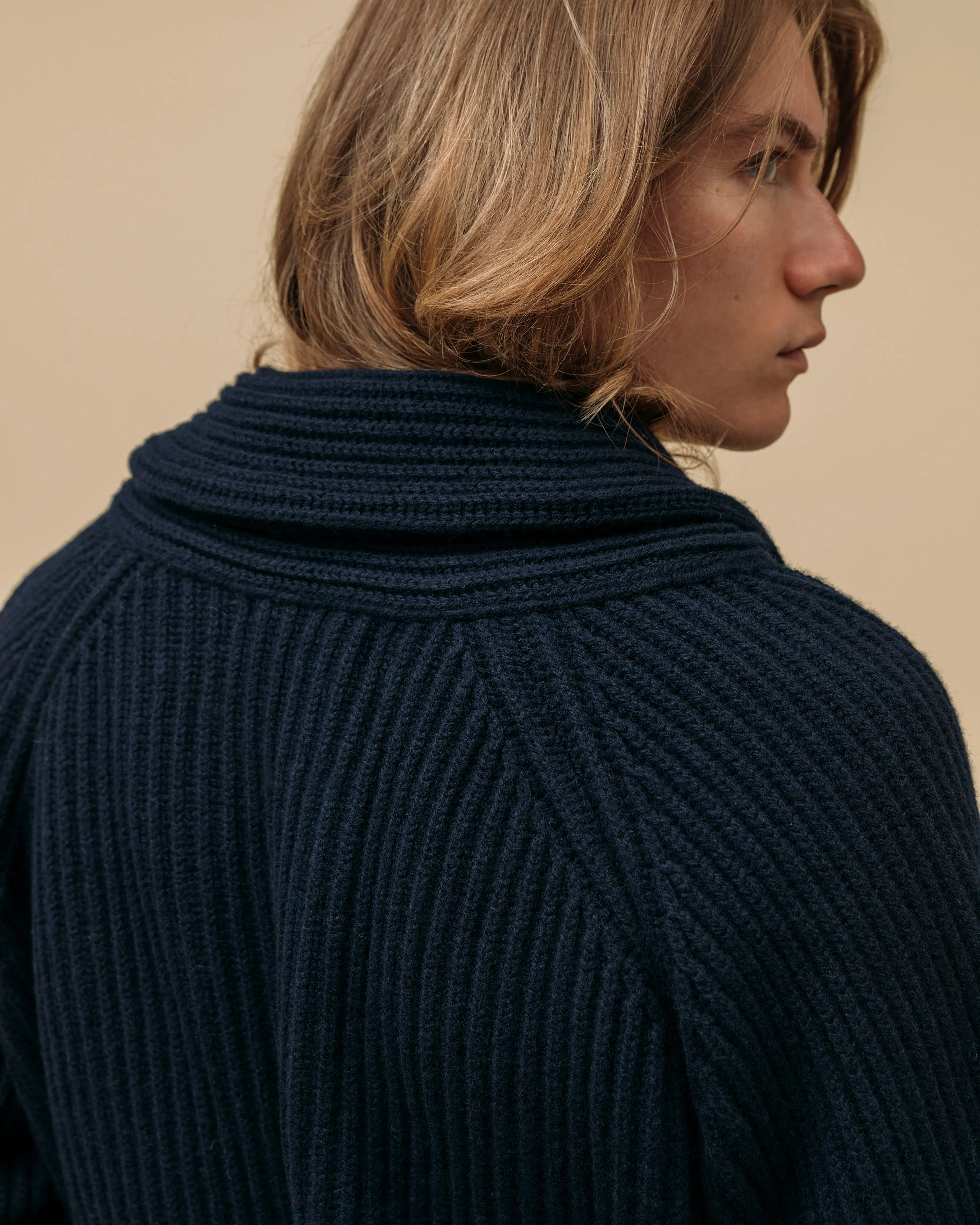 Superfine lambswool shawl coat in navy
