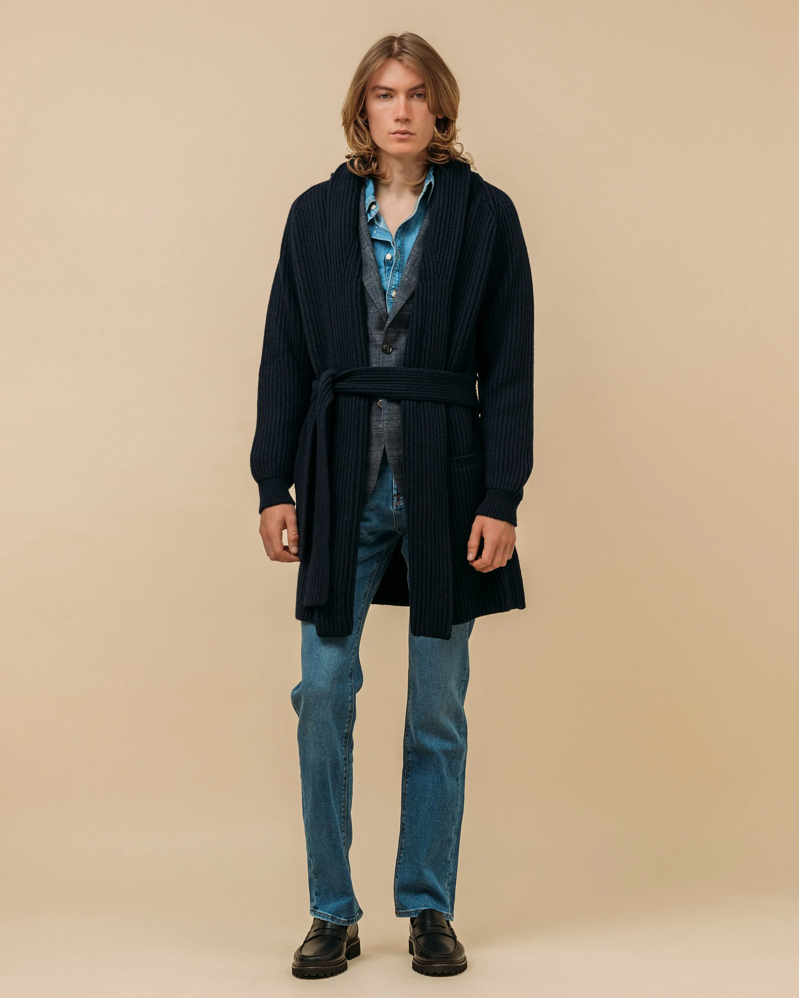 Superfine lambswool shawl coat in navy