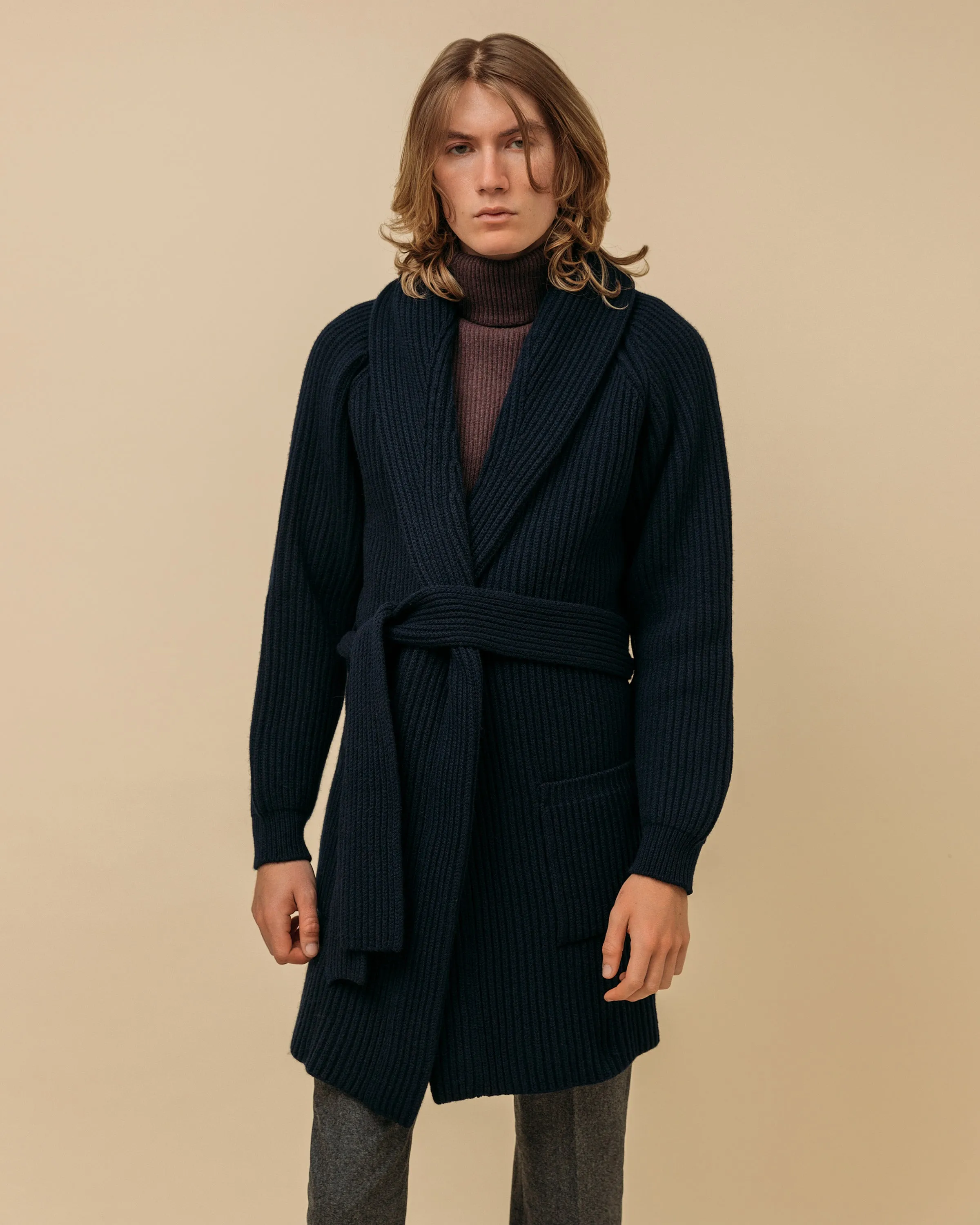 Superfine lambswool shawl coat in navy