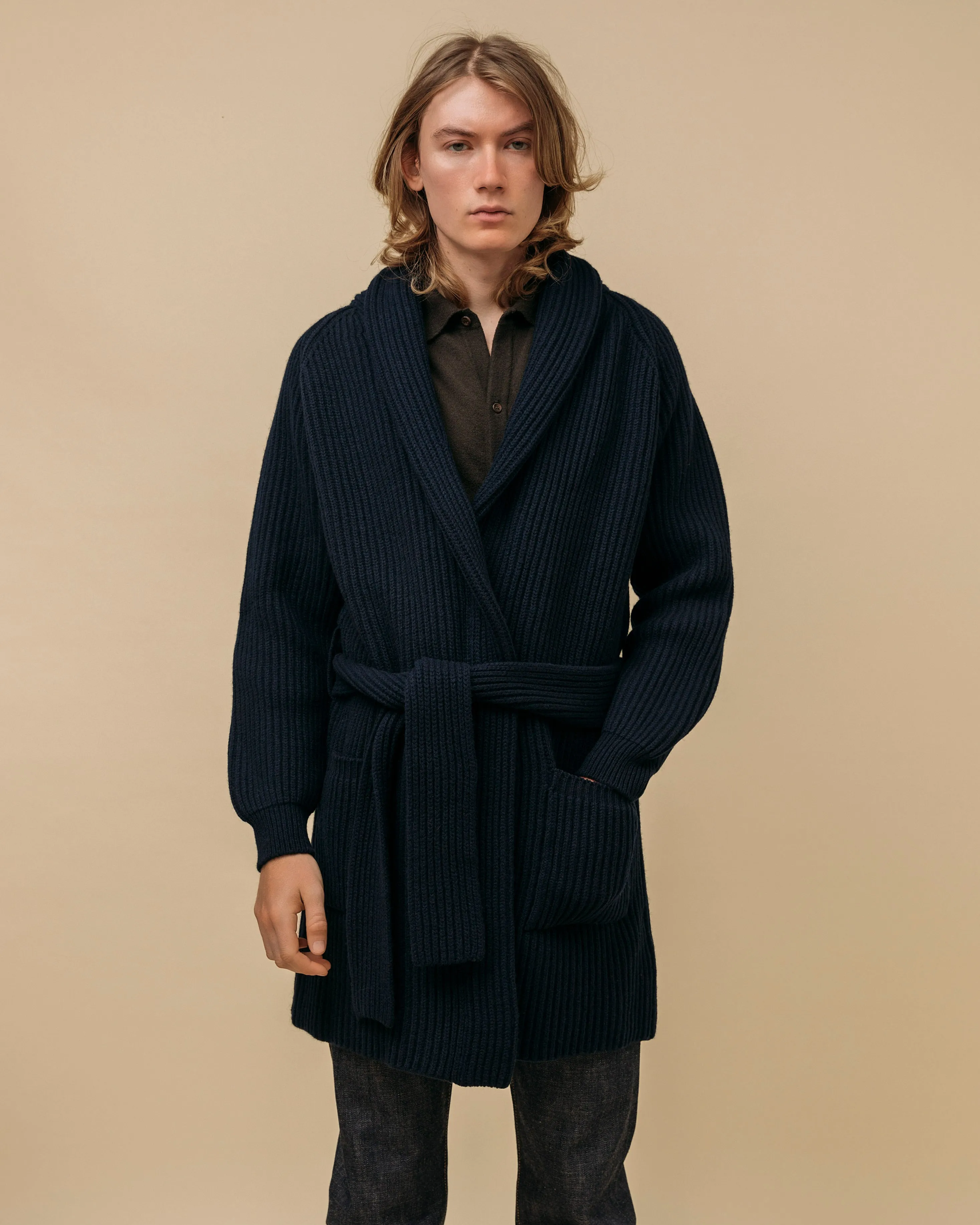 Superfine lambswool shawl coat in navy