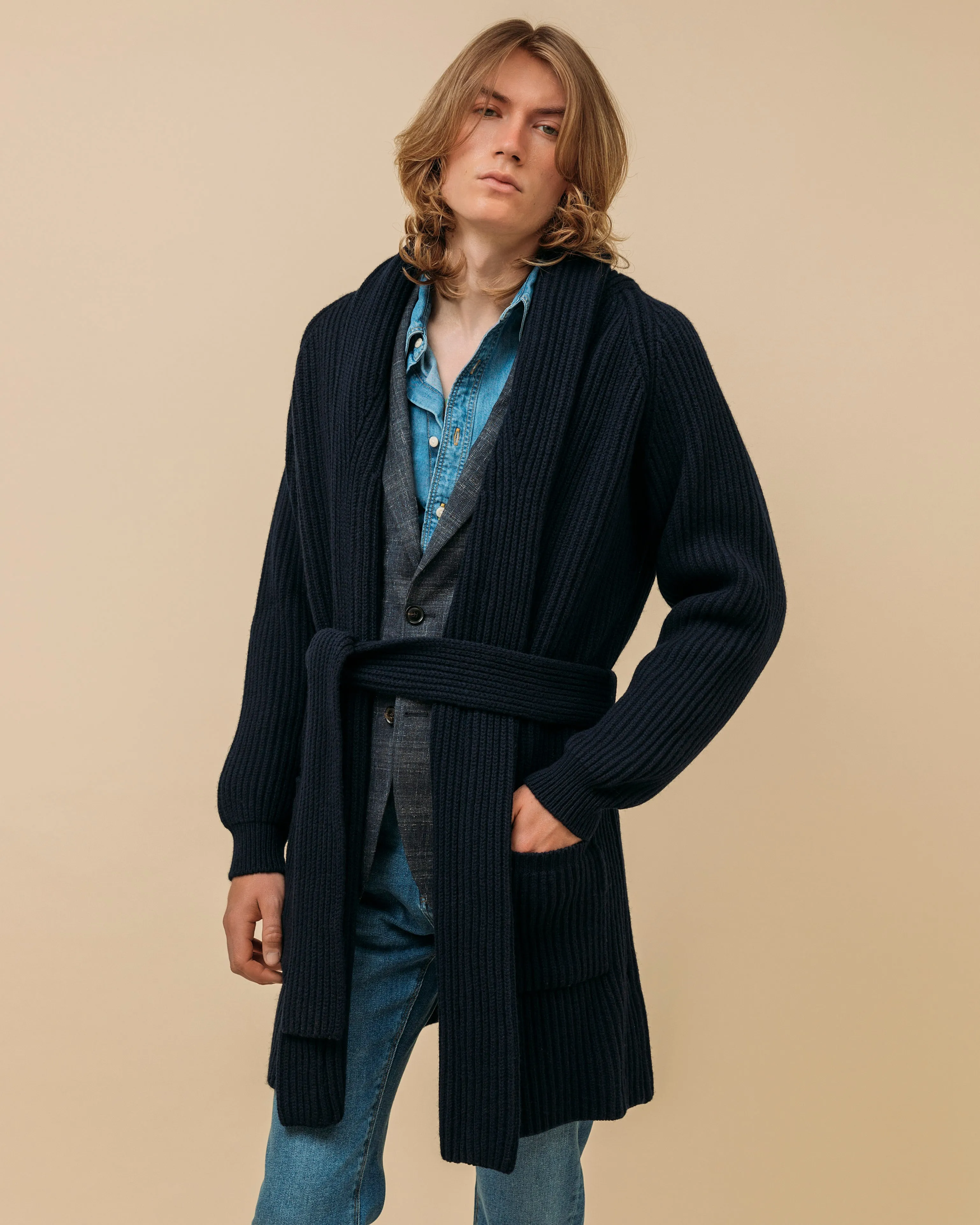 Superfine lambswool shawl coat in navy