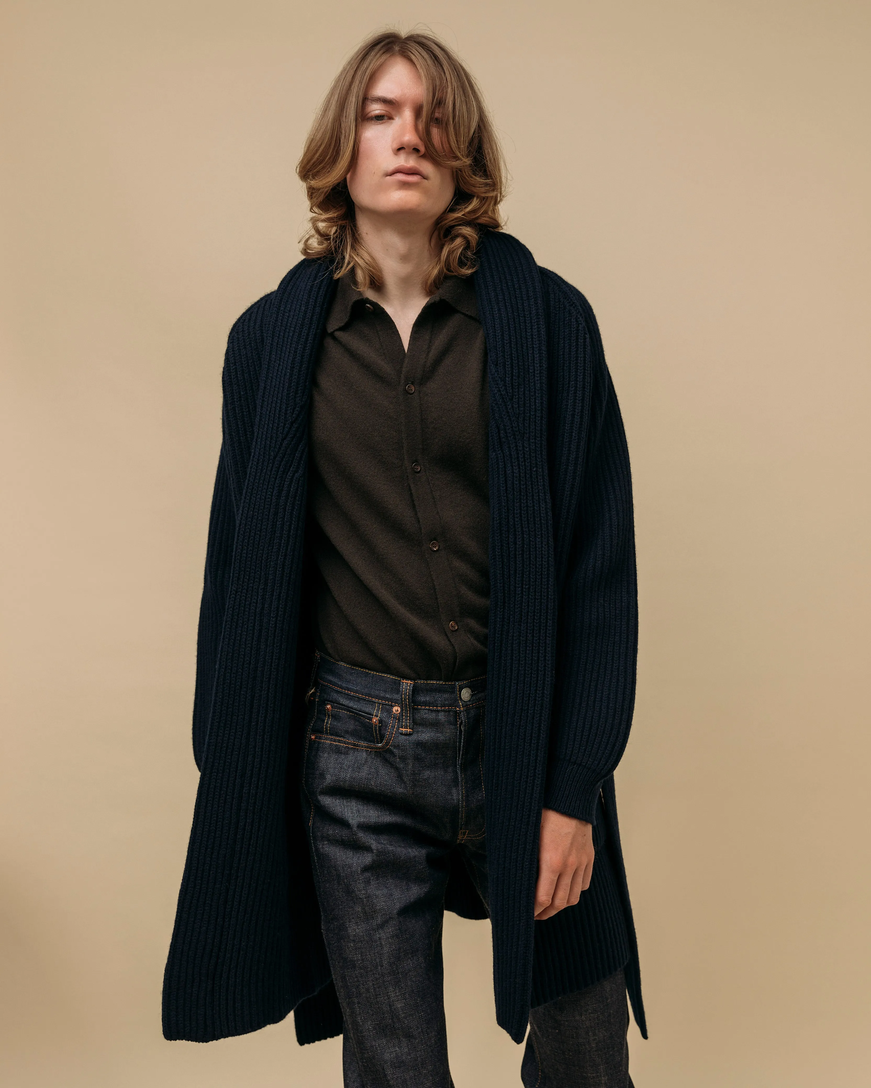 Superfine lambswool shawl coat in navy