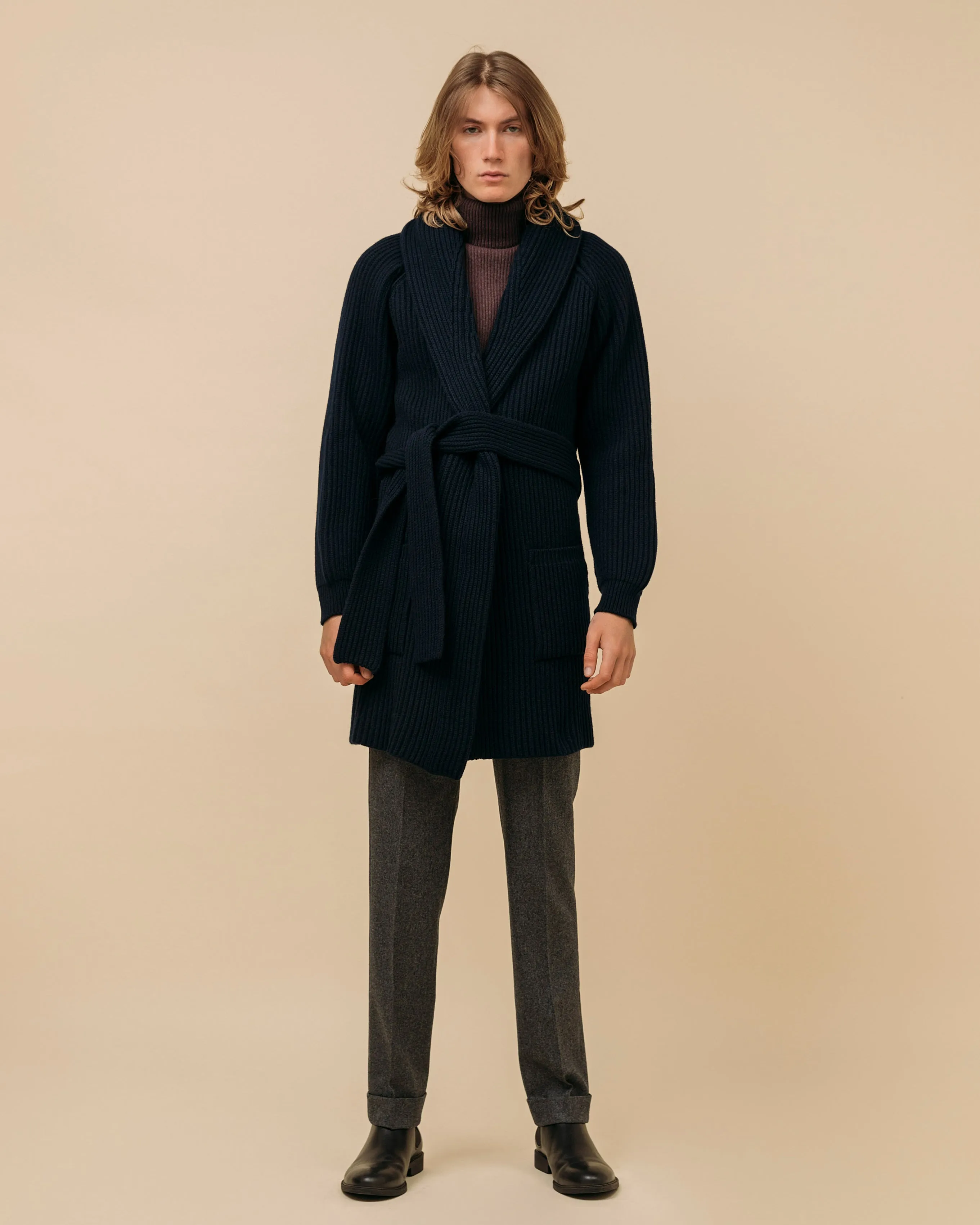 Superfine lambswool shawl coat in navy